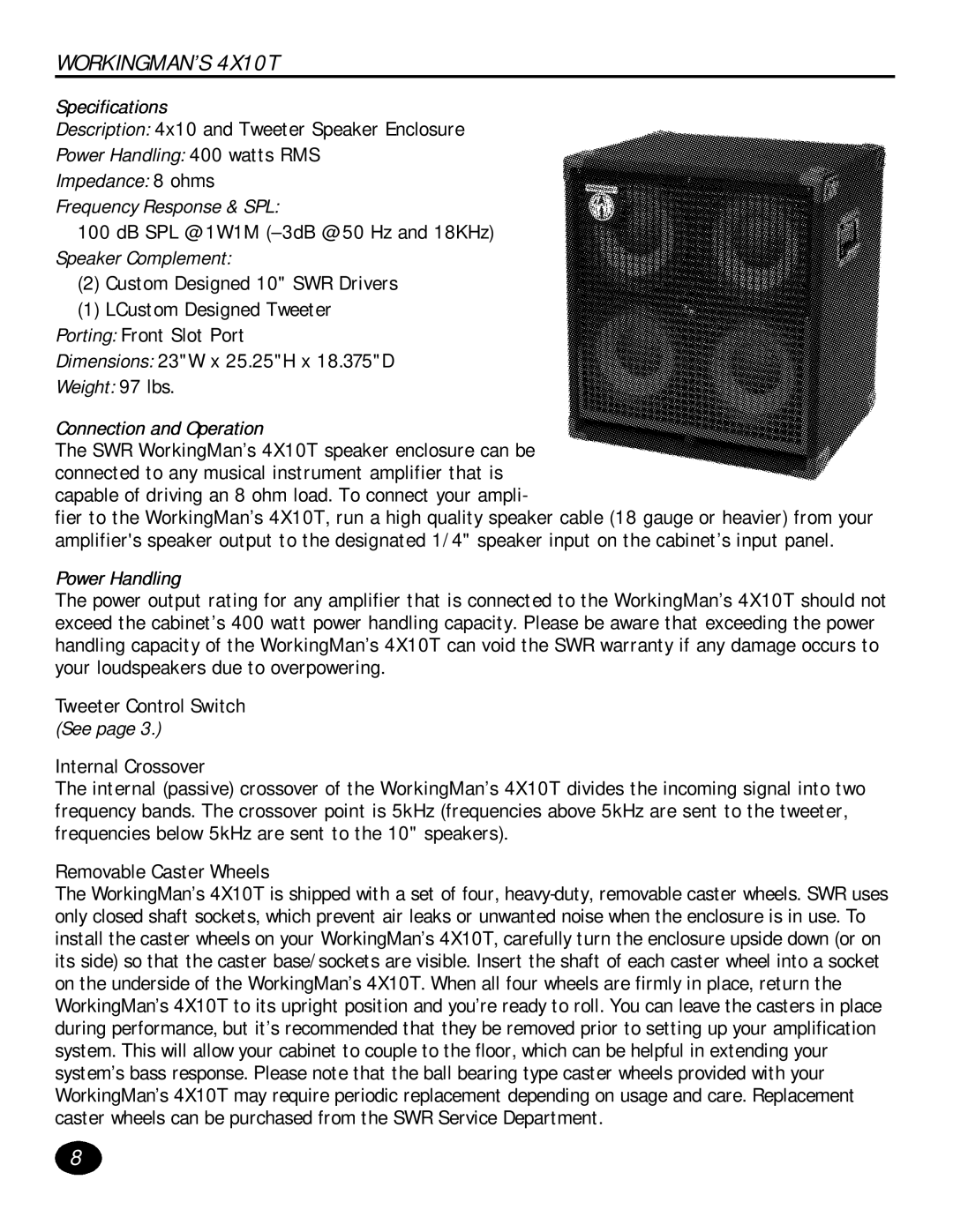 SWR Sound 1X10T manual WORKINGMAN’S 4X10T, Removable Caster Wheels 