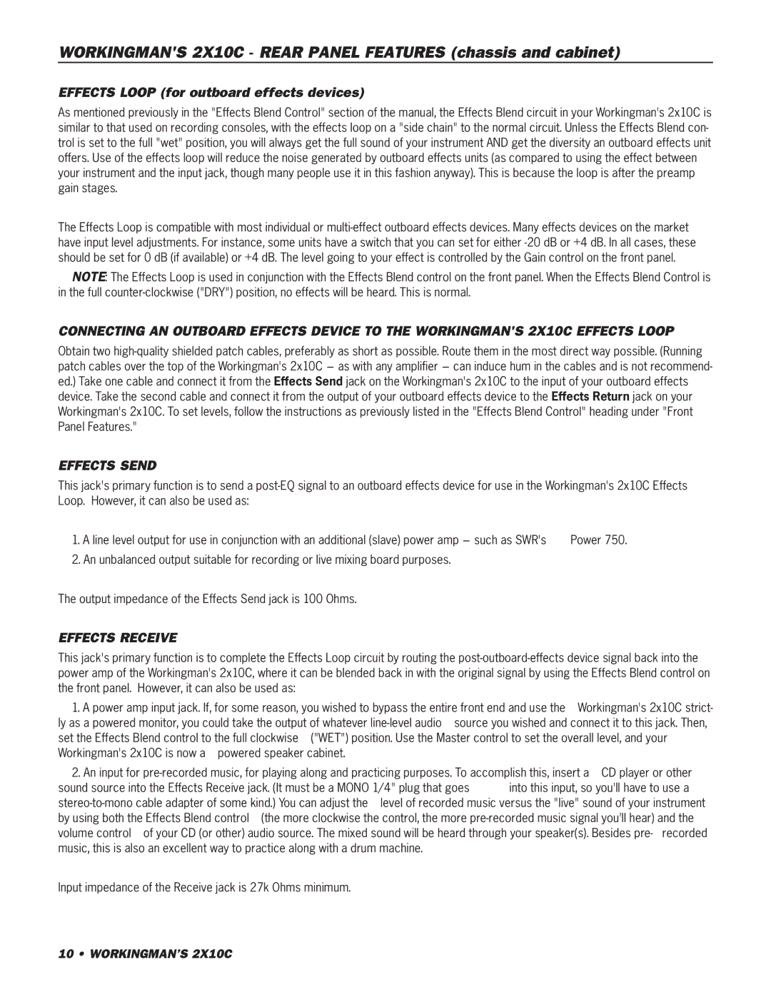 SWR Sound 2X10C owner manual Effects Loop for outboard effects devices, Effects Send, Effects Receive 