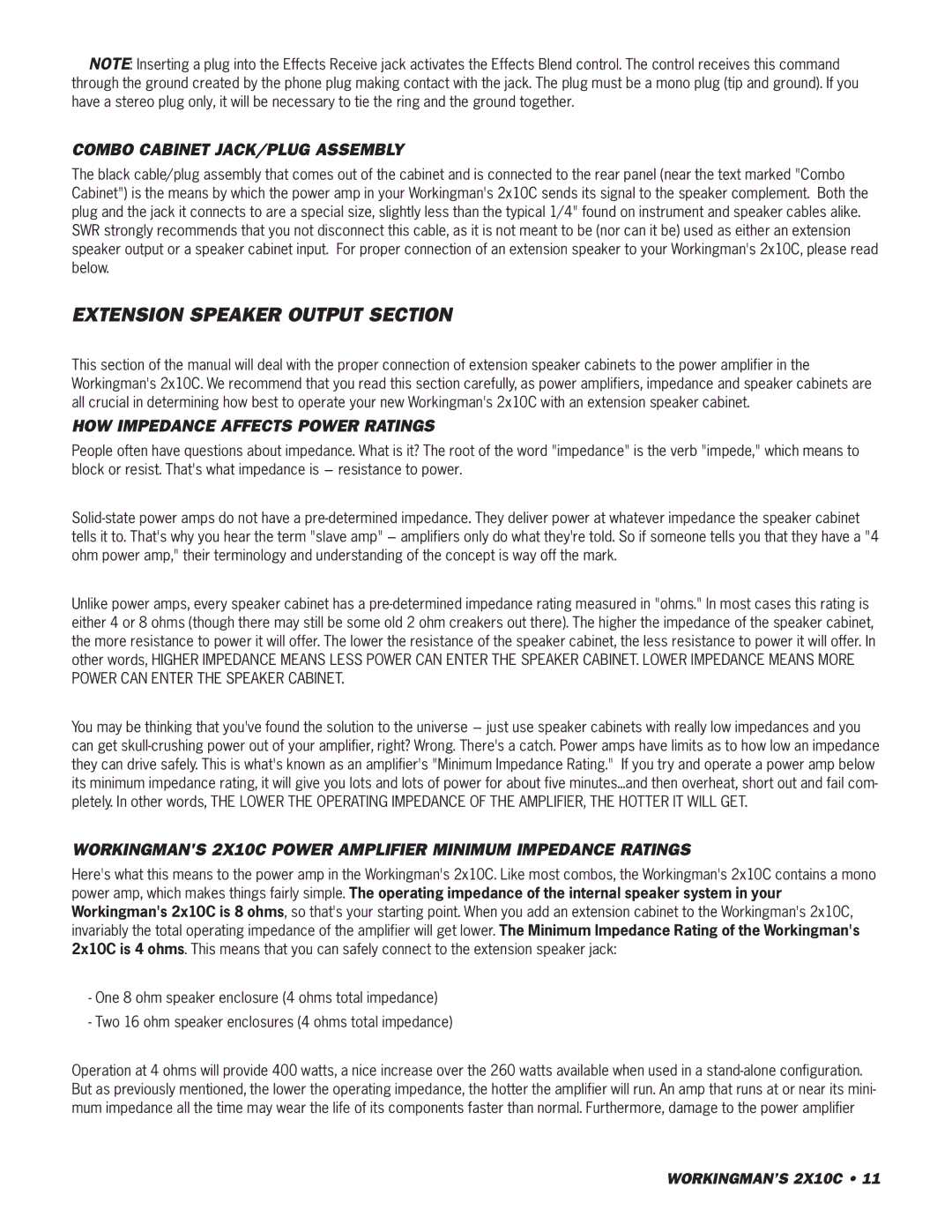 SWR Sound 2X10C Extension Speaker Output Section, Combo Cabinet JACK/PLUG Assembly, HOW Impedance Affects Power Ratings 