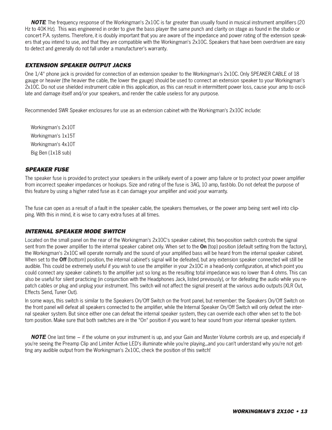 SWR Sound 2X10C owner manual Extension Speaker Output Jacks, Speaker Fuse, Internal Speaker Mode Switch 