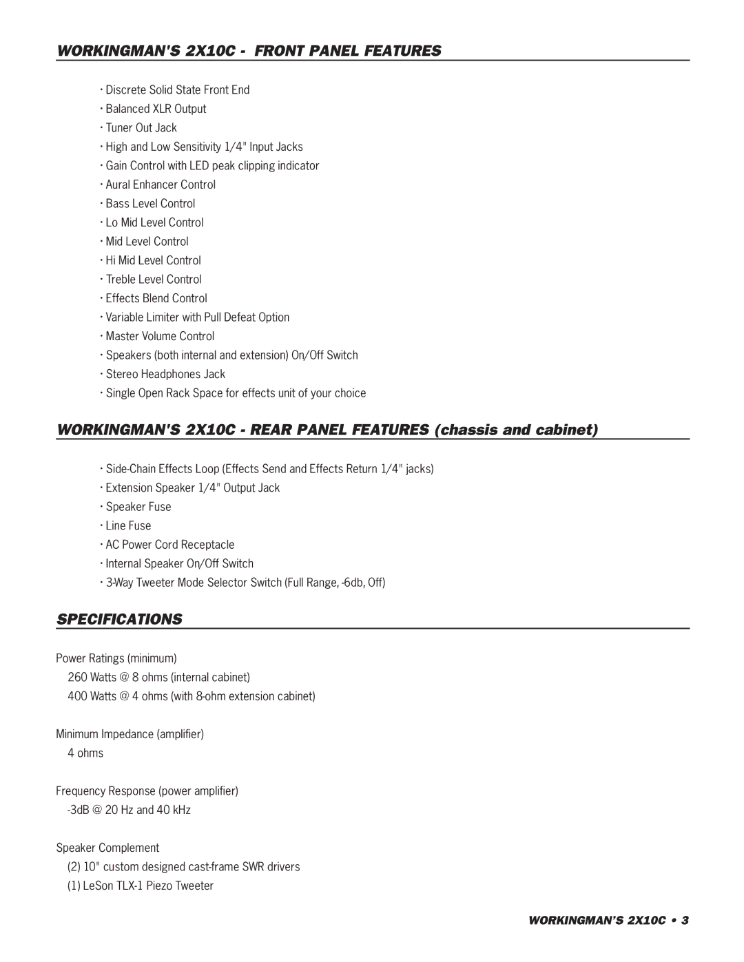 SWR Sound owner manual Workingmans 2X10C Front Panel Features, Specifications 