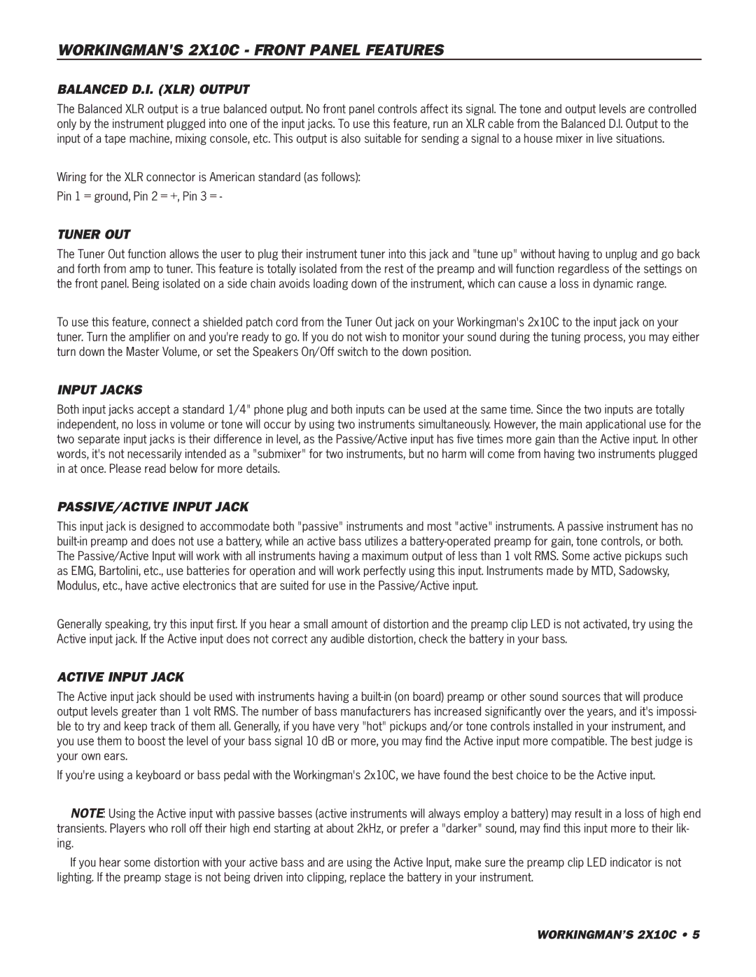 SWR Sound 2X10C owner manual Balanced D.I. XLR Output, Tuner OUT, Input Jacks, PASSIVE/ACTIVE Input Jack, Active Input Jack 