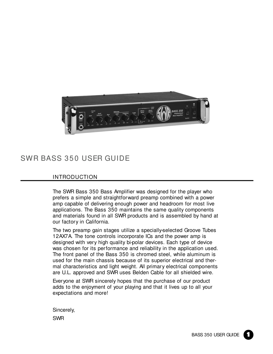 SWR Sound manual Introduction, SWR BASS 350 USER GUIDE 