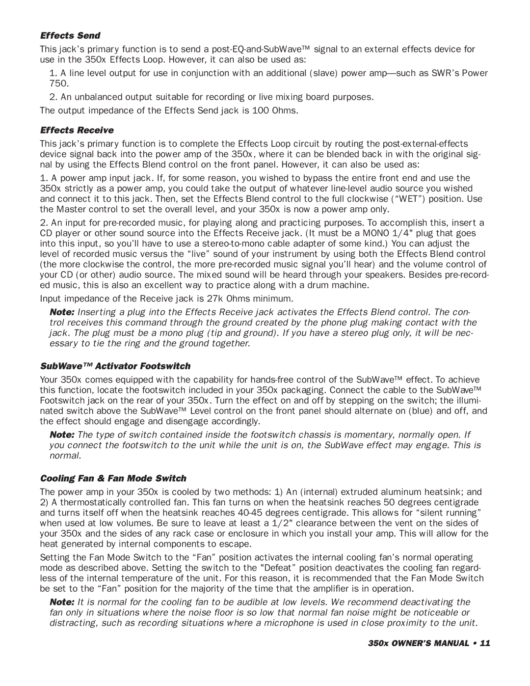 SWR Sound 350x owner manual Effects Send, Effects Receive, SubWave Activator Footswitch, Cooling Fan & Fan Mode Switch 