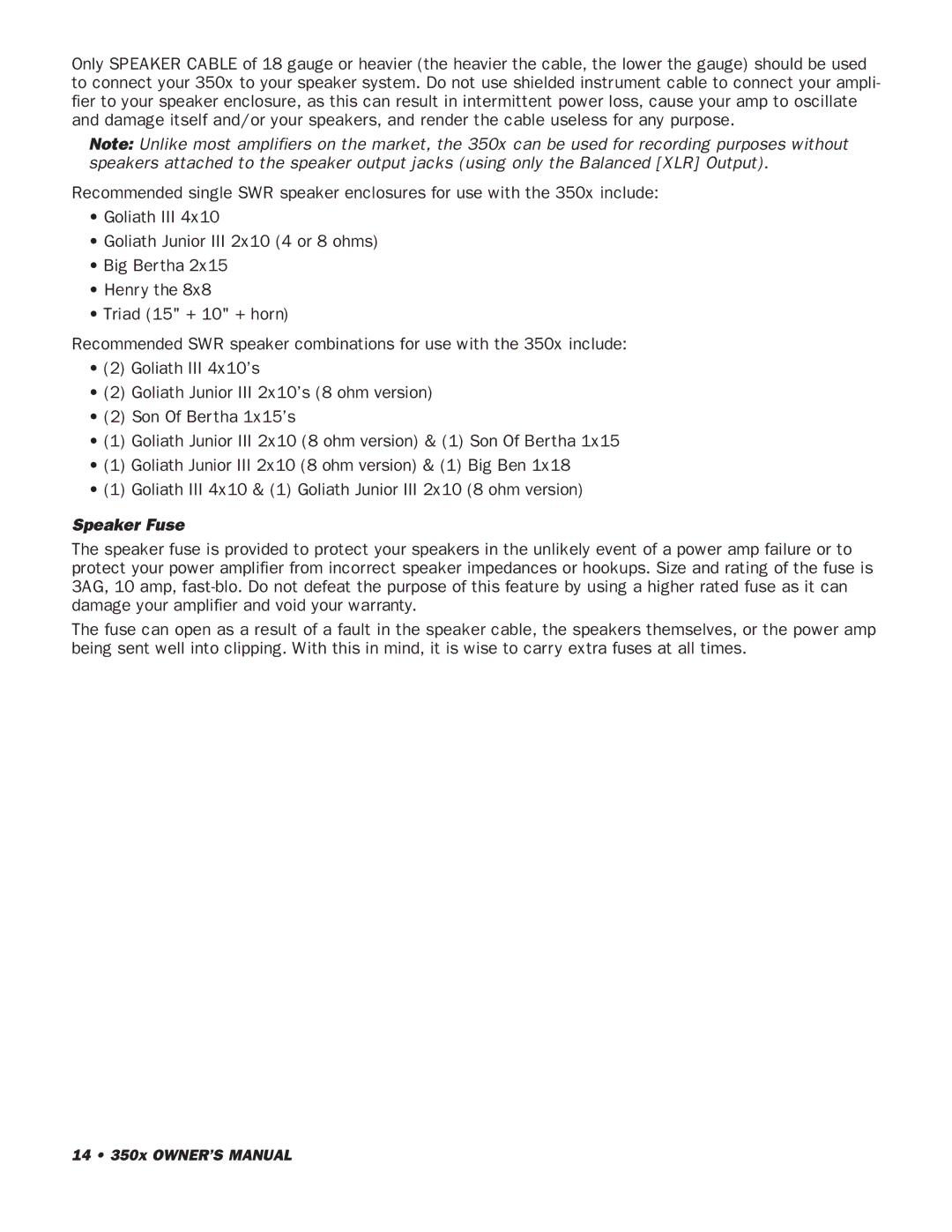 SWR Sound 350x owner manual Speaker Fuse 