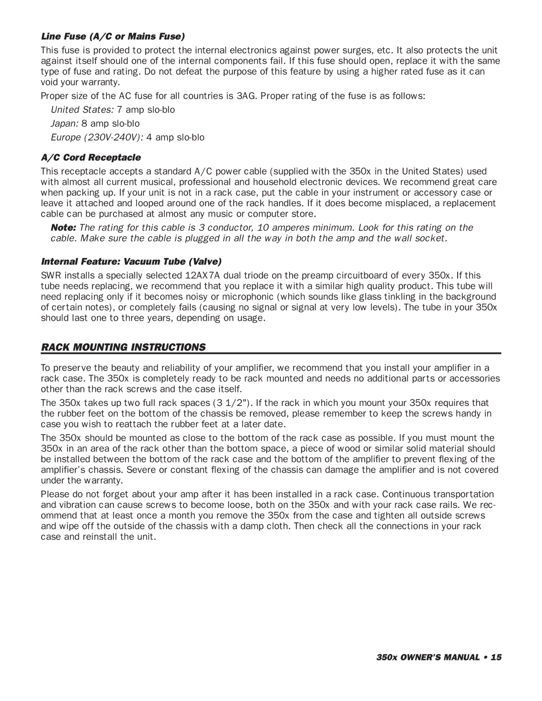 SWR Sound 350x owner manual Rack Mounting Instructions, Line Fuse A/C or Mains Fuse, Cord Receptacle 