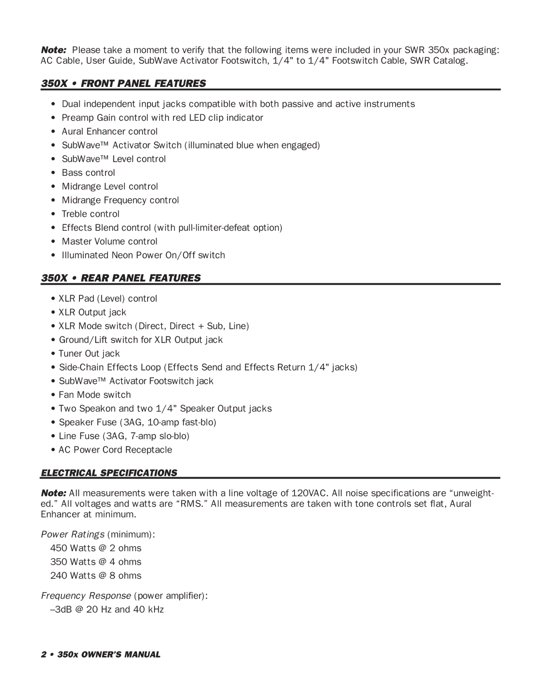 SWR Sound 350x owner manual 350X Front Panel Features, 350X Rear Panel Features 