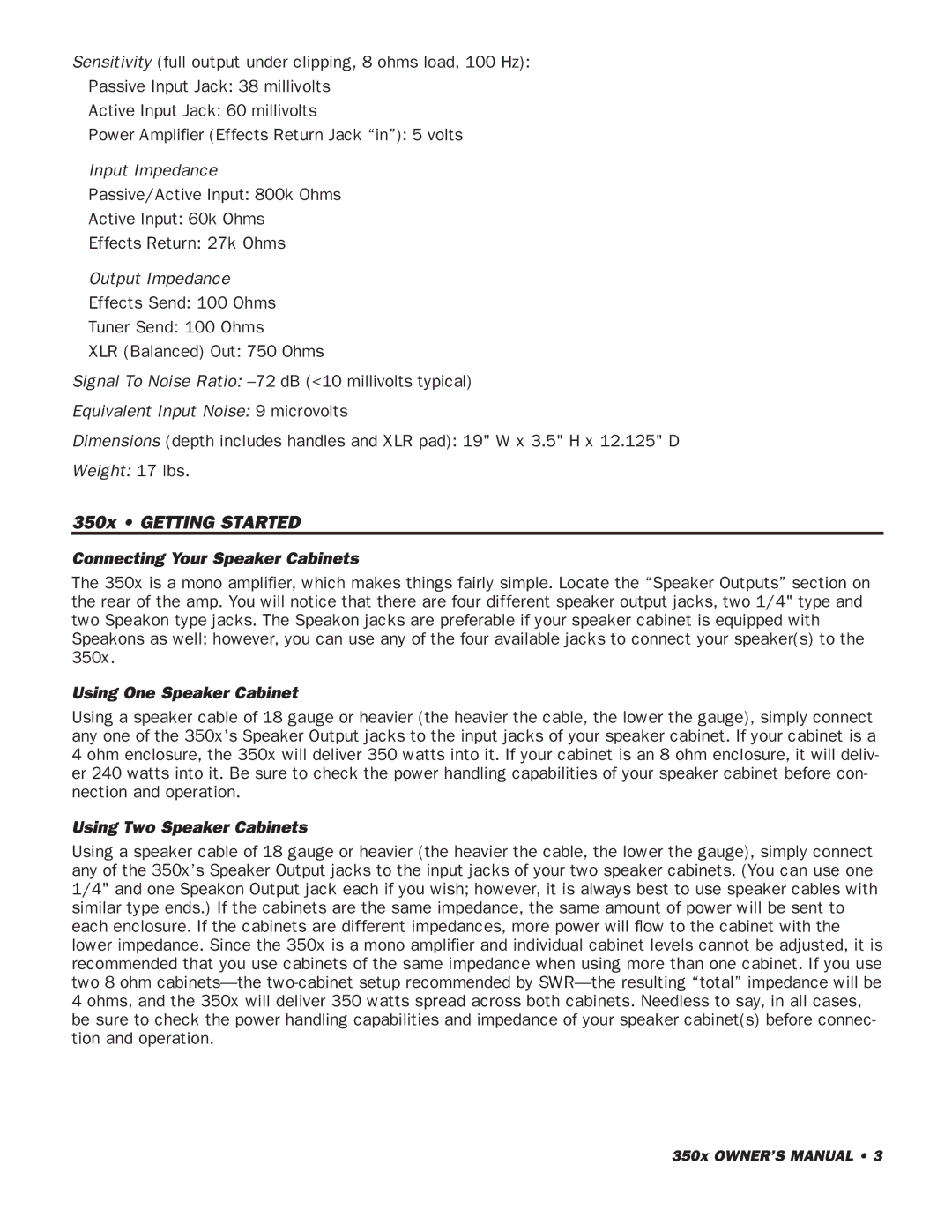 SWR Sound 350x Getting Started, Connecting Your Speaker Cabinets, Using One Speaker Cabinet, Using Two Speaker Cabinets 