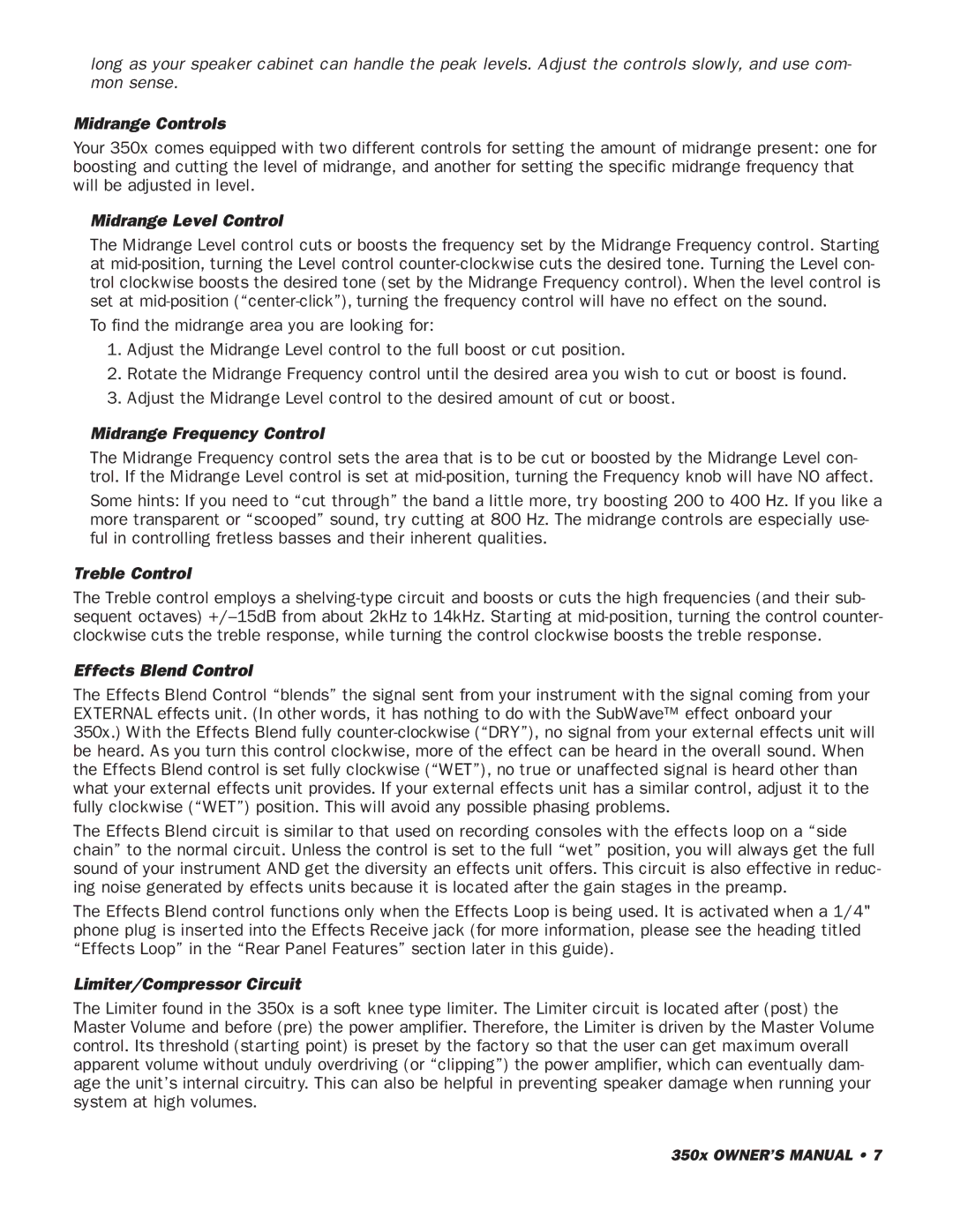SWR Sound 350x owner manual Midrange Controls, Midrange Level Control, Midrange Frequency Control, Treble Control 