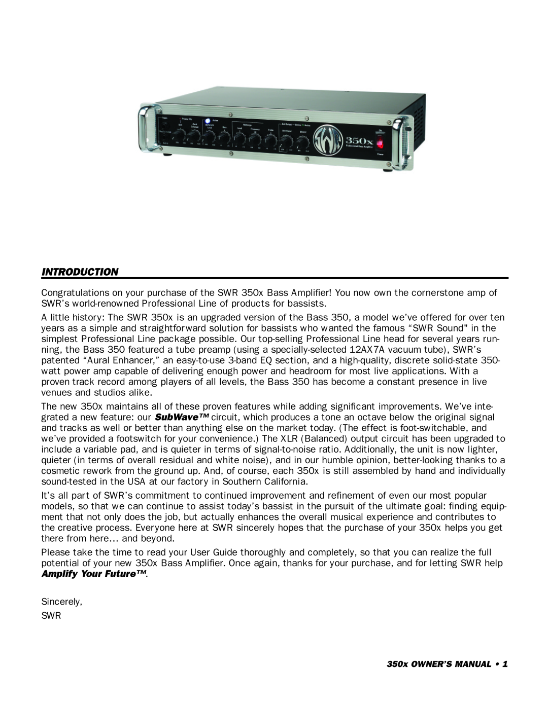 SWR Sound 350x owner manual Introduction 