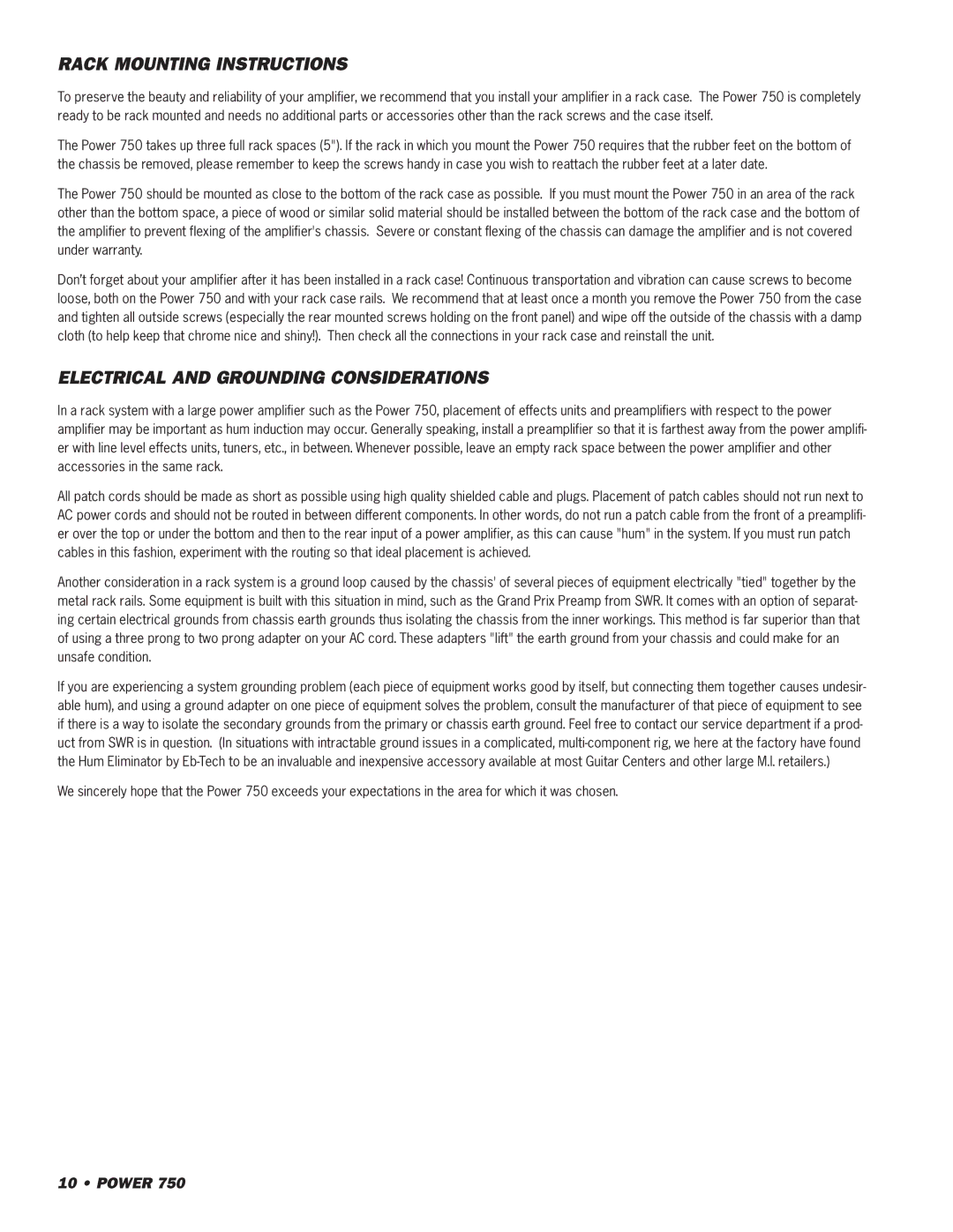 SWR Sound 750 owner manual Rack Mounting Instructions, Electrical and Grounding Considerations 