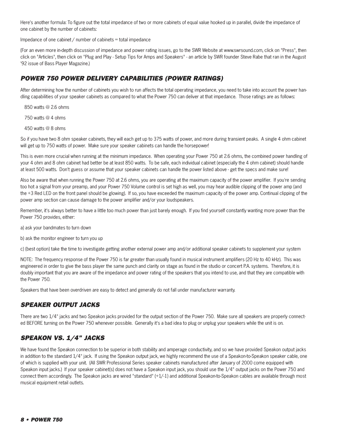 SWR Sound owner manual Power 750 Power Delivery Capabilities Power Ratings, Speaker Output Jacks, Speakon VS /4 Jacks 