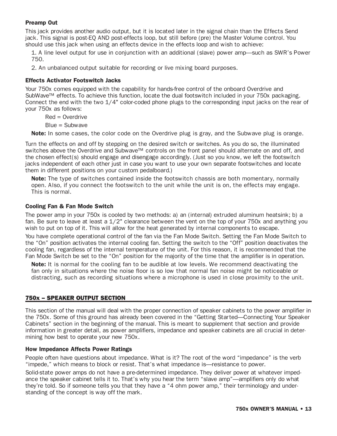 SWR Sound owner manual 750x Speaker Output Section 