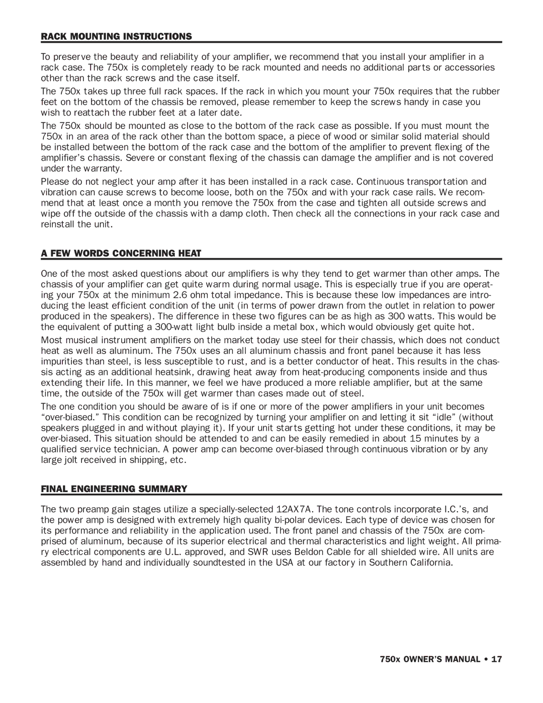 SWR Sound 750x owner manual Rack Mounting Instructions 