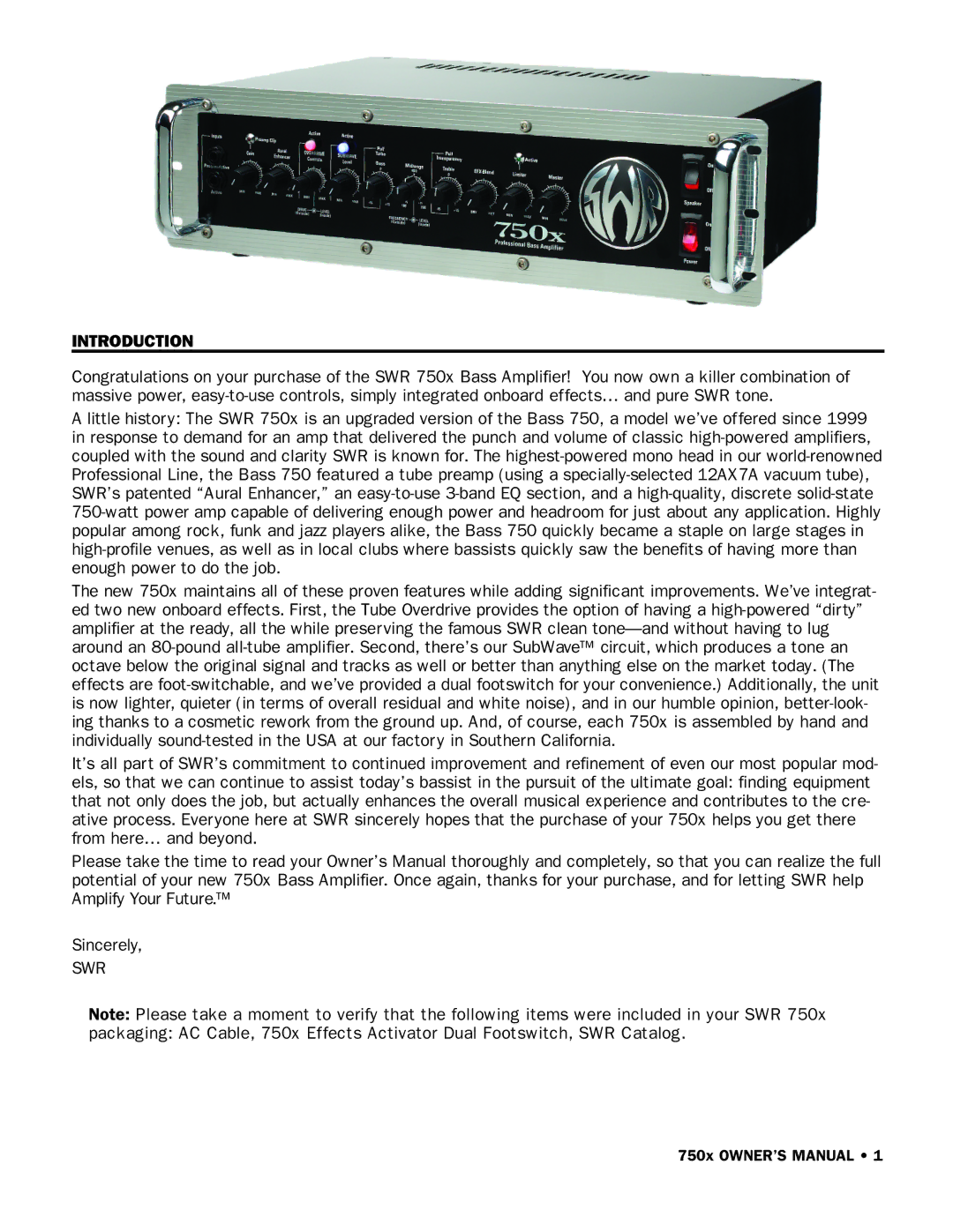 SWR Sound 750x owner manual Introduction 