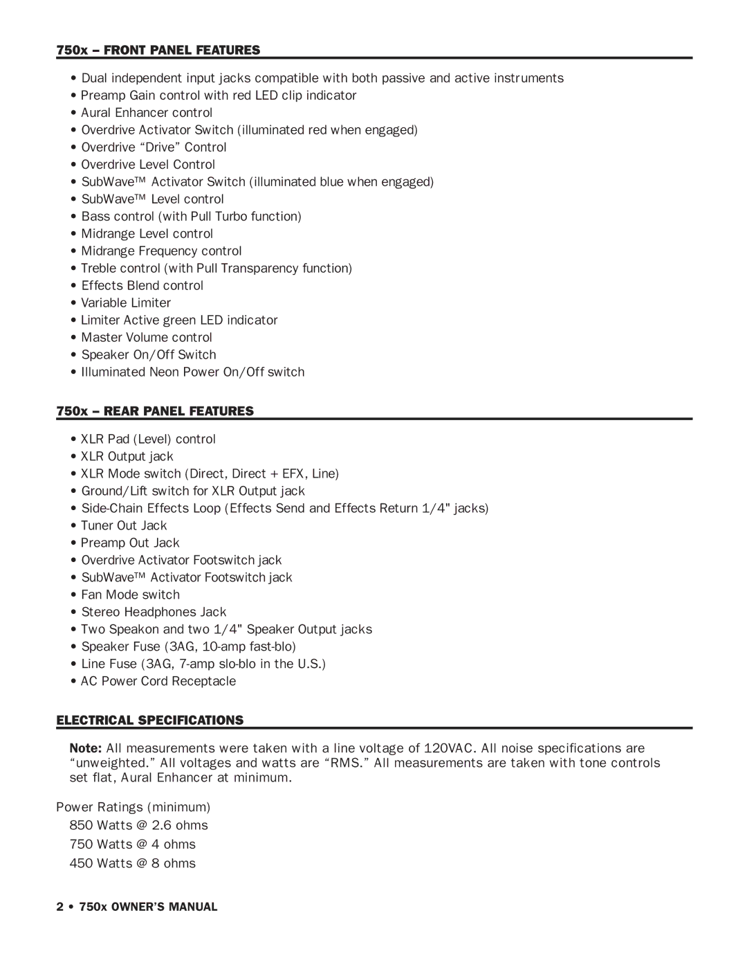 SWR Sound owner manual 750x Front Panel Features, 750x Rear Panel Features 