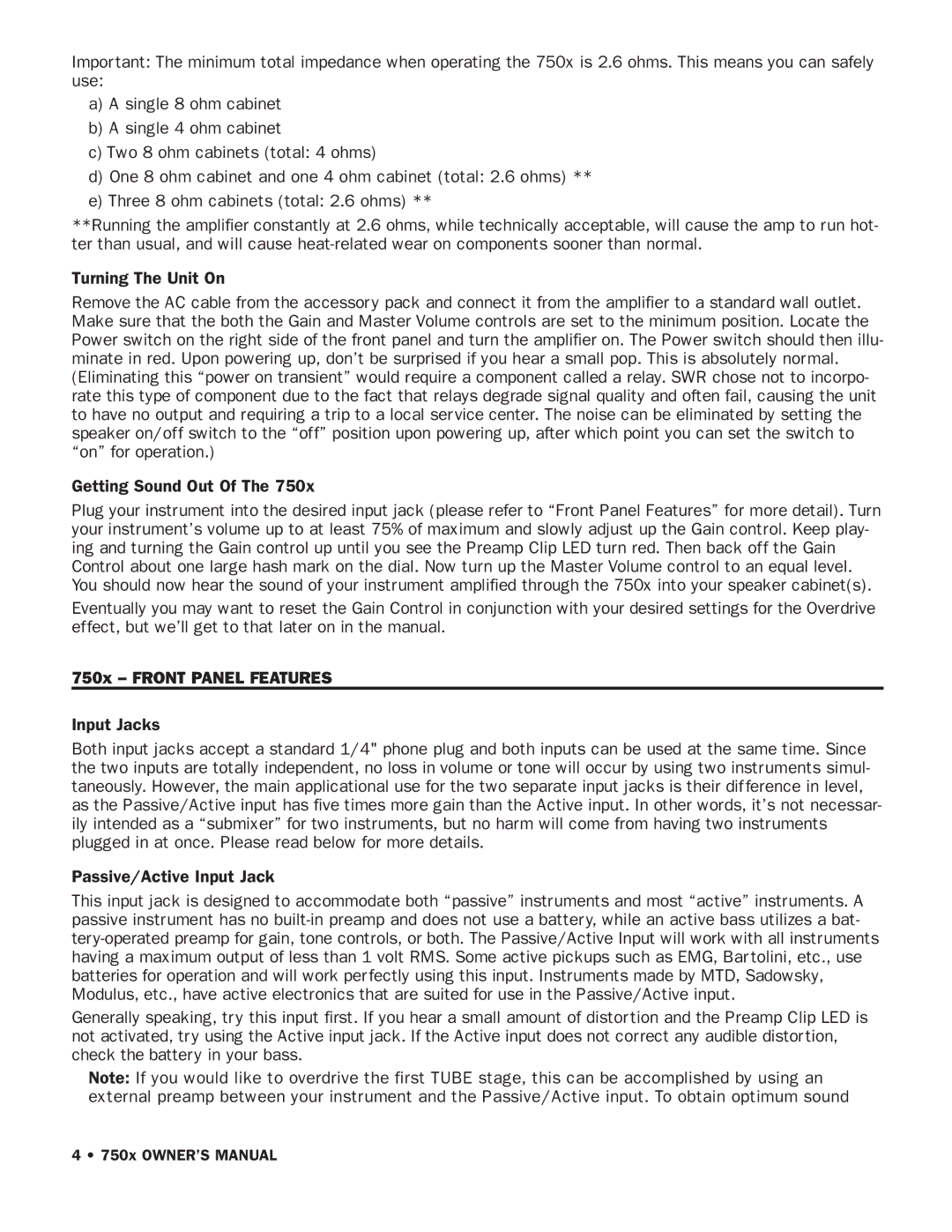 SWR Sound owner manual 750x Front Panel Features 