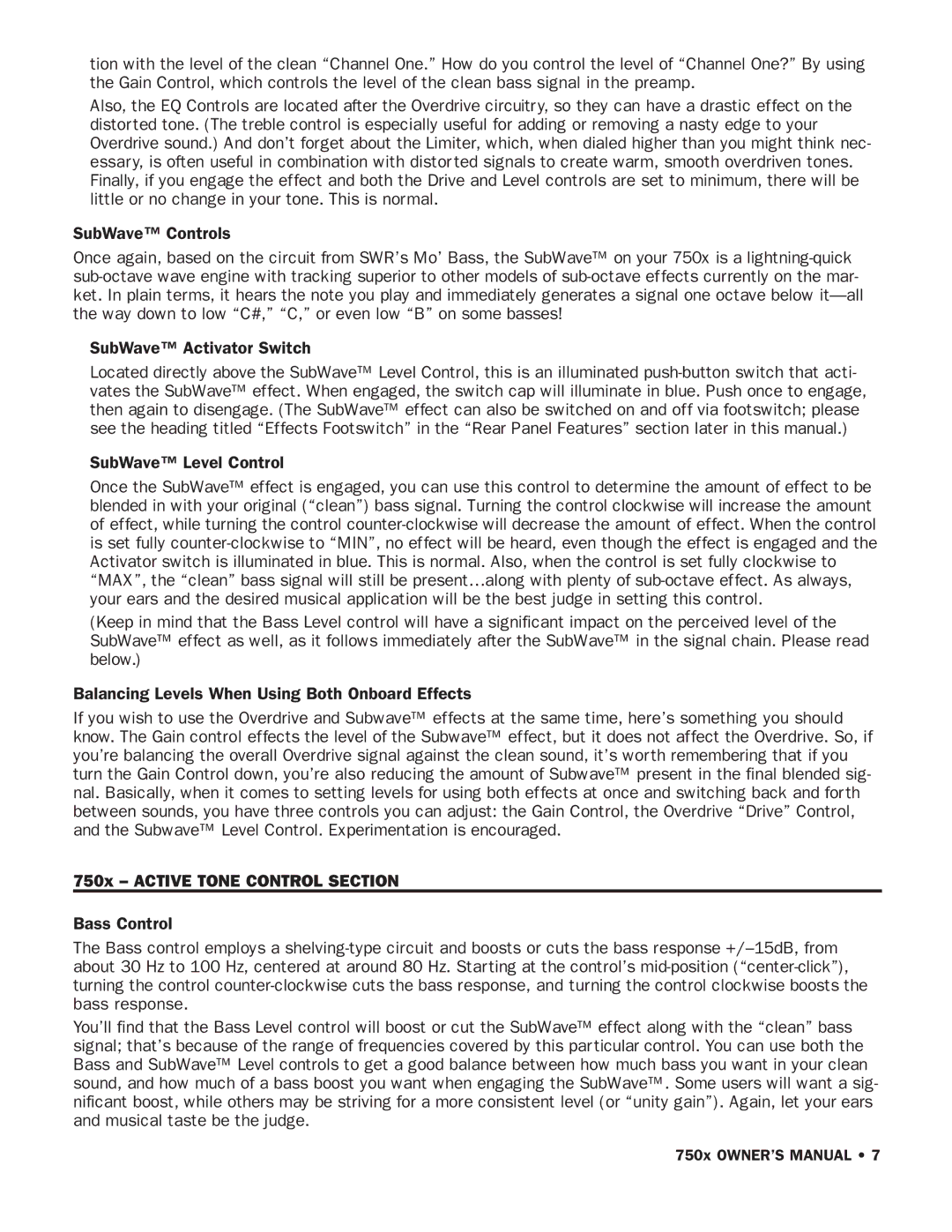 SWR Sound owner manual 750x Active Tone Control Section 