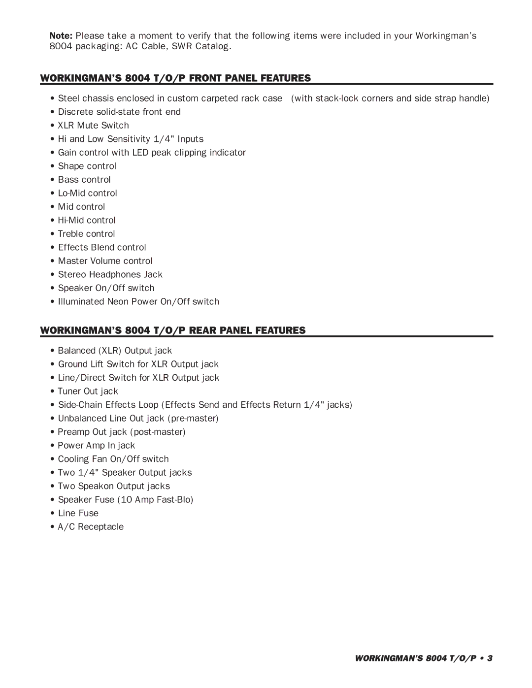 SWR Sound owner manual WORKINGMAN’S 8004 T/O/P Front Panel Features, WORKINGMAN’S 8004 T/O/P Rear Panel Features 