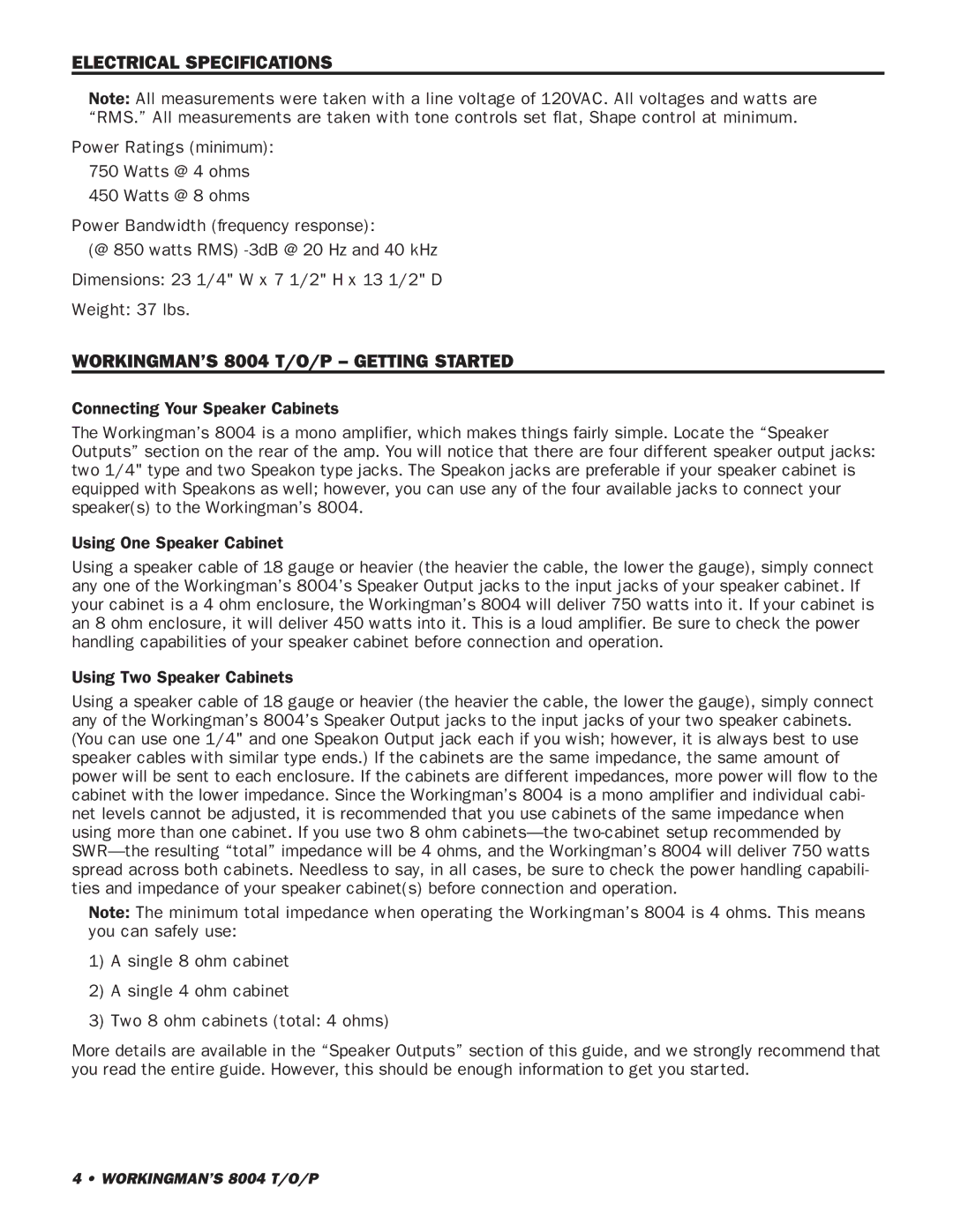 SWR Sound owner manual Electrical Specifications, WORKINGMAN’S 8004 T/O/P Getting Started 