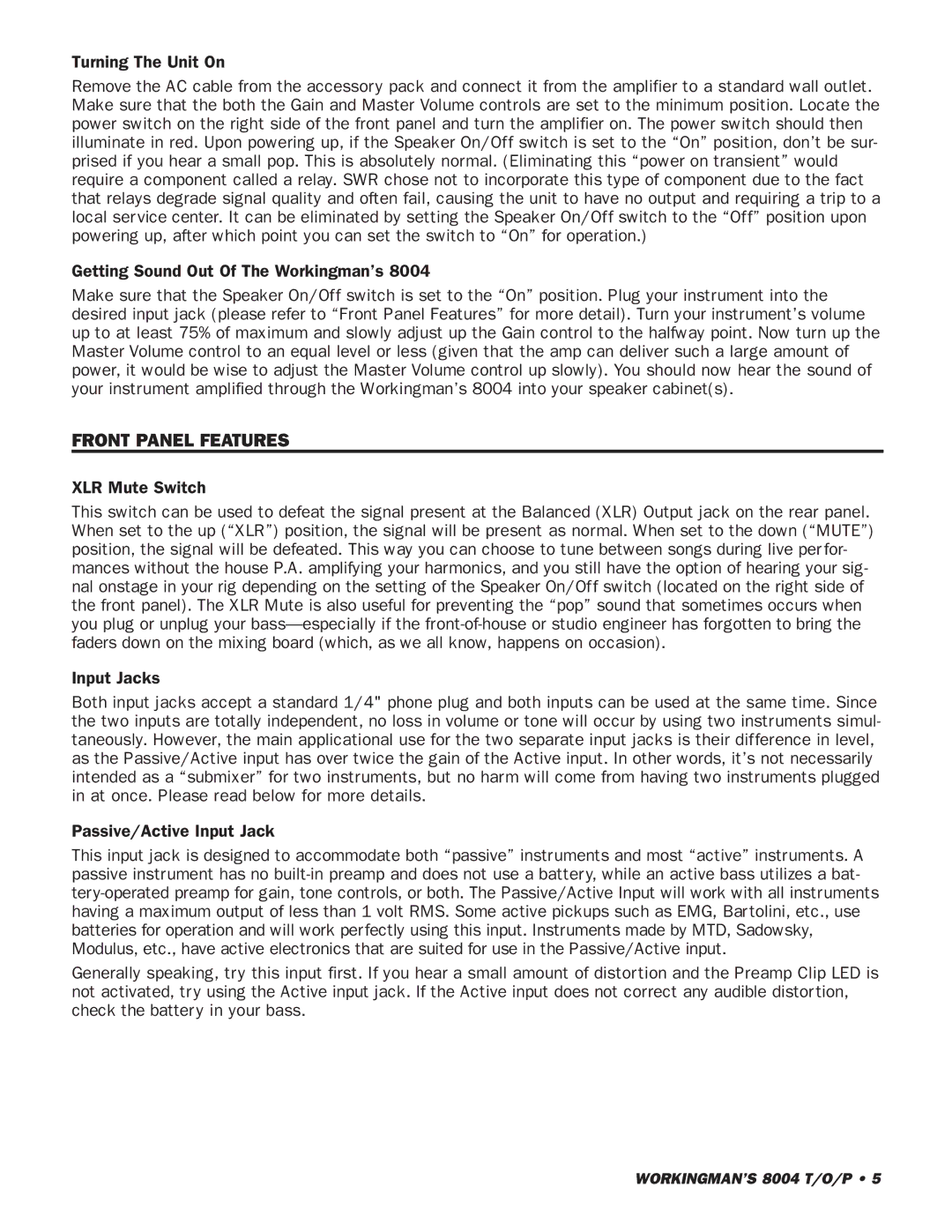 SWR Sound 8004 owner manual Front Panel Features 