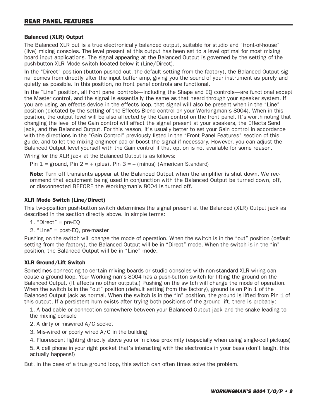 SWR Sound 8004 owner manual Rear Panel Features 