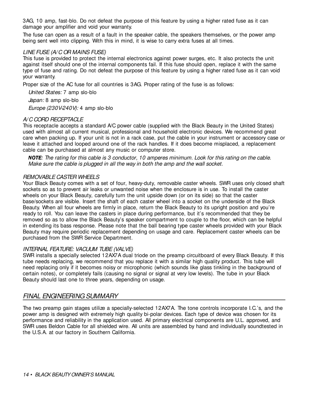 SWR Sound Bass Combo Amplifier owner manual Final Engineering Summary, Line Fuse A/C or Mains Fuse, Cord Receptacle 