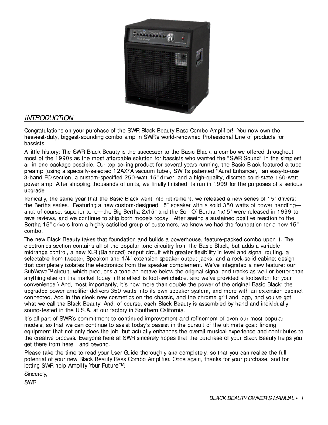 SWR Sound Bass Combo Amplifier owner manual Introduction 