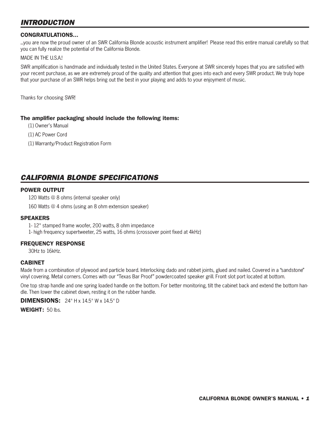 SWR Sound owner manual Introduction, California Blonde Specifications 