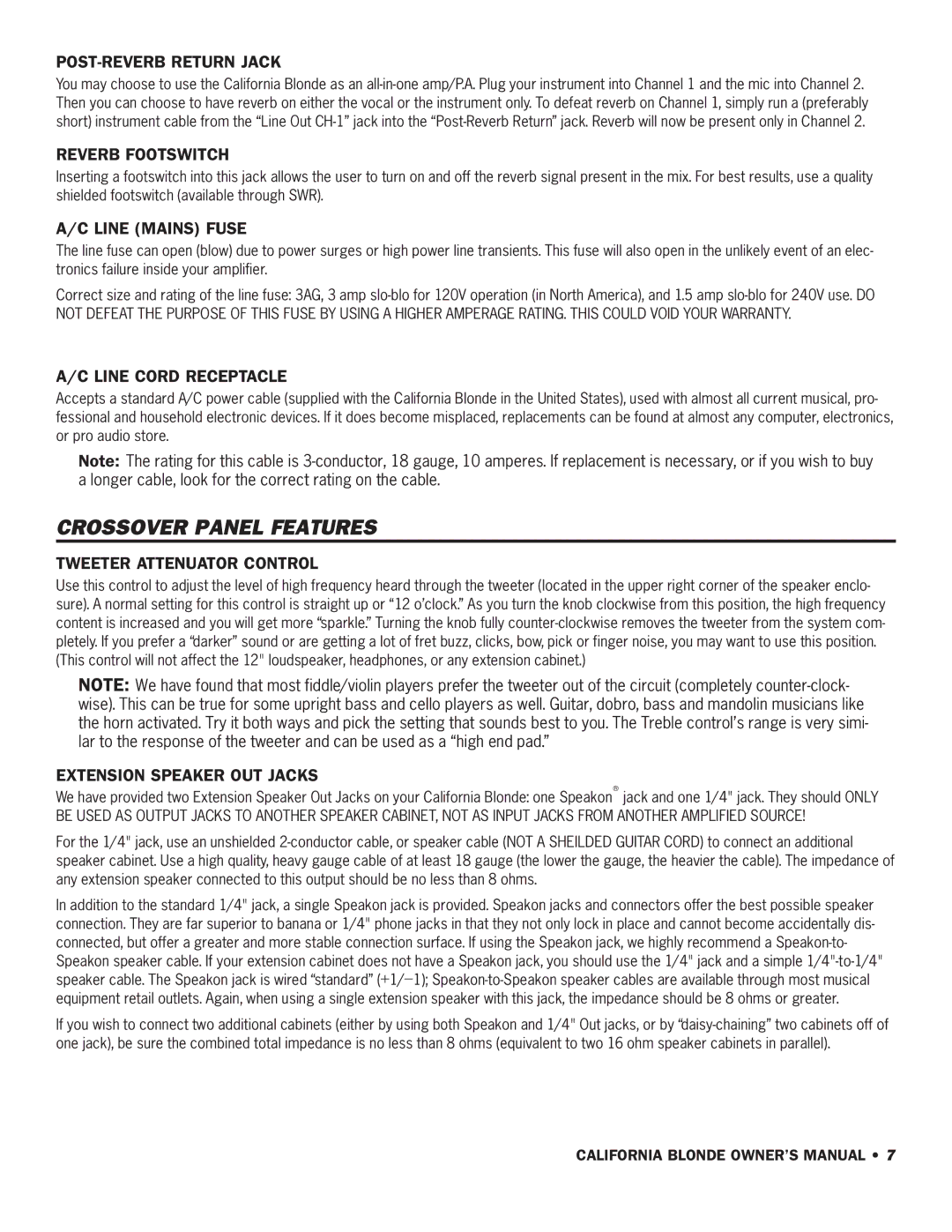 SWR Sound California Blonde owner manual POST-REVERB Return Jack, Reverb Footswitch, Line Mains Fuse, Line Cord Receptacle 