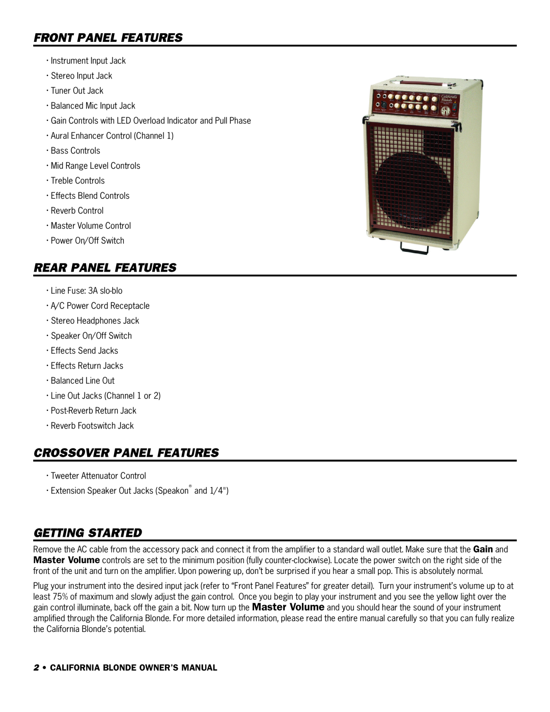 SWR Sound California Blonde Front Panel Features, Rear Panel Features, Crossover Panel Features, Getting Started 