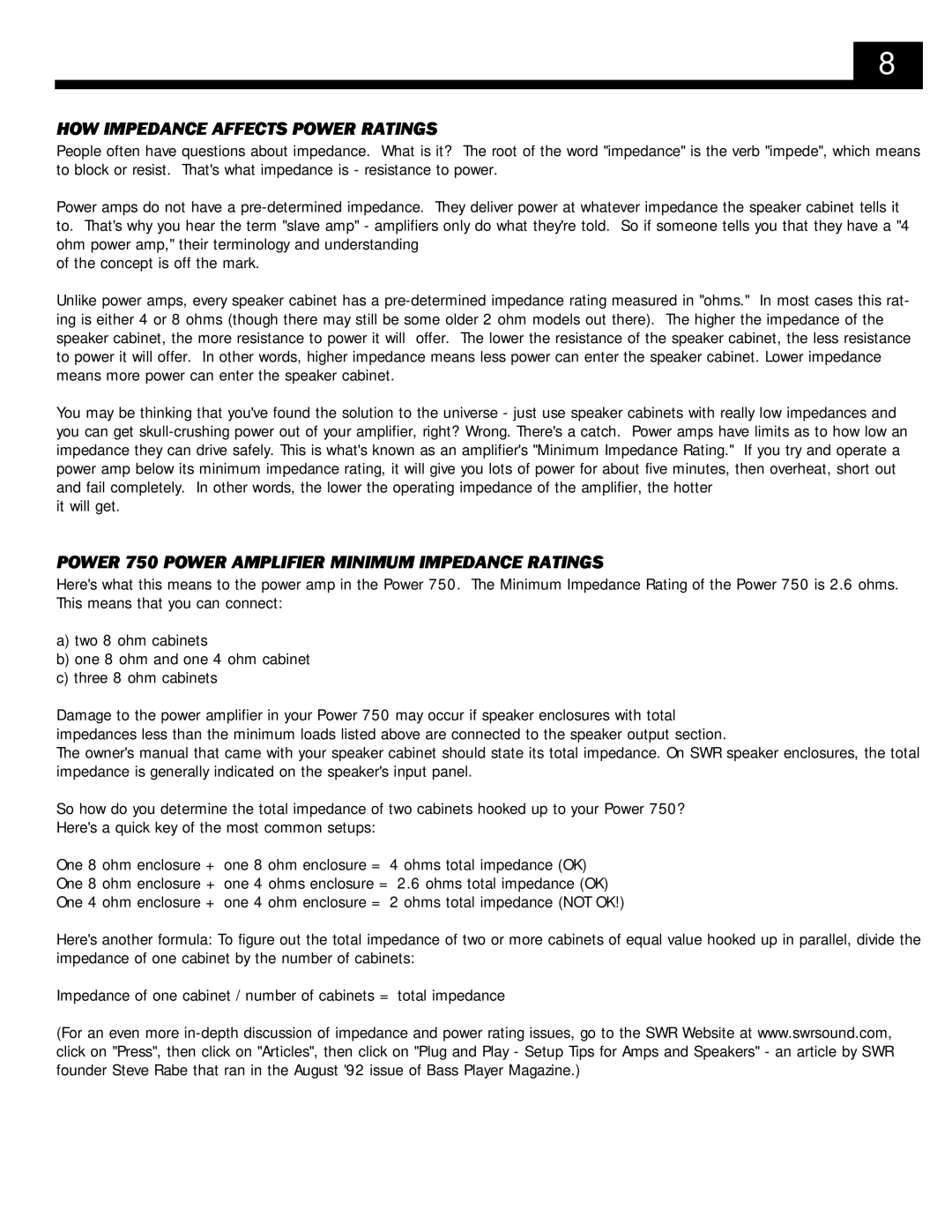 SWR Sound POWER 750 owner manual HOW Impedance Affects Power Ratings, Power 750 Power Amplifier Minimum Impedance Ratings 