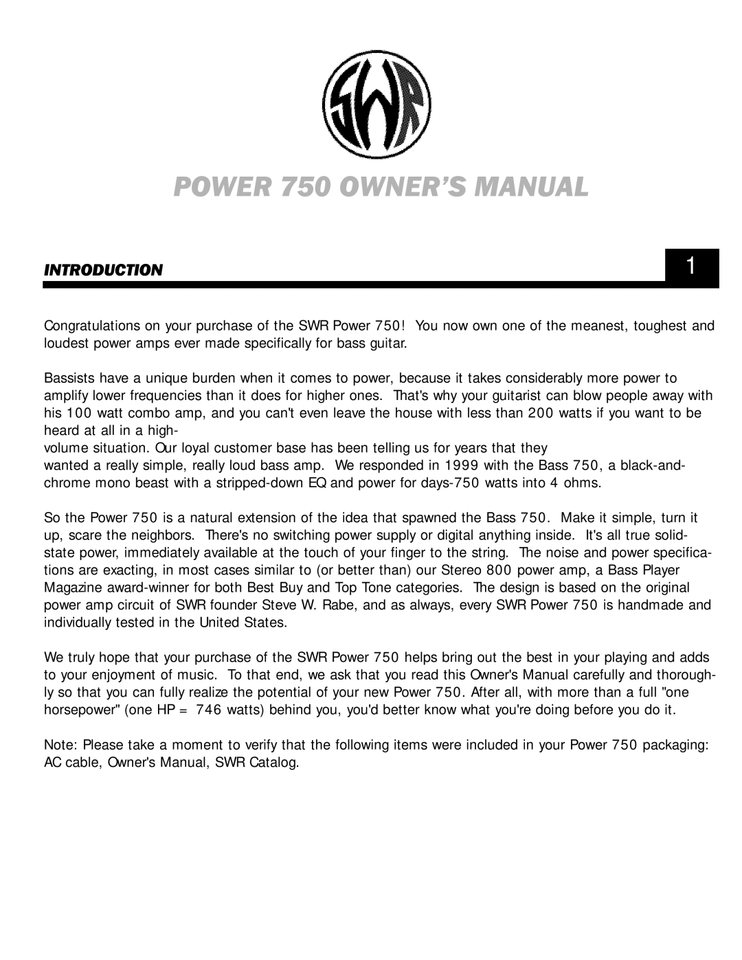 SWR Sound POWER 750 owner manual Introduction 