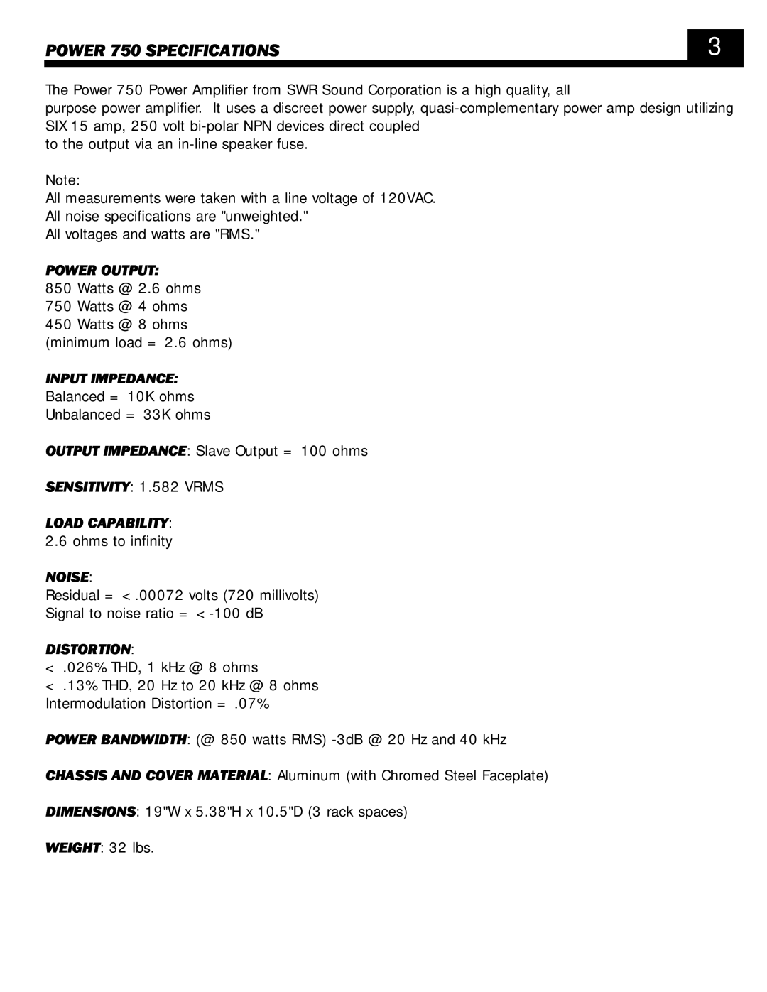 SWR Sound POWER 750 owner manual Power 750 Specifications, Power Output, Input Impedance, Noise, Distortion 