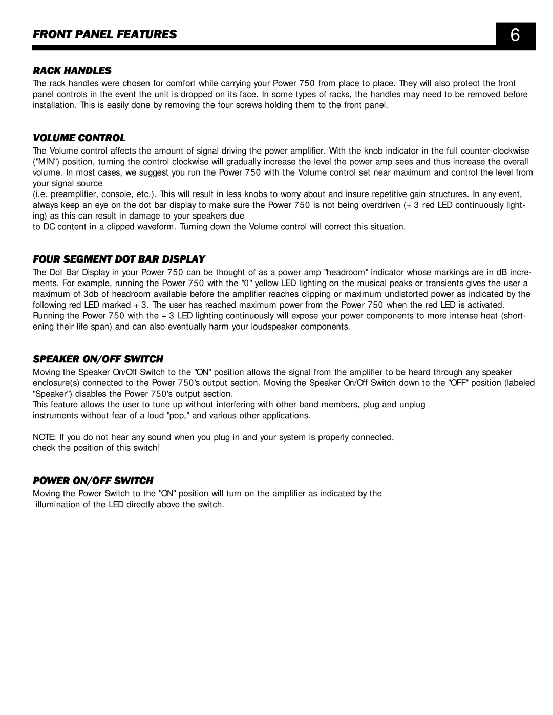 SWR Sound POWER 750 owner manual Front Panel Features 