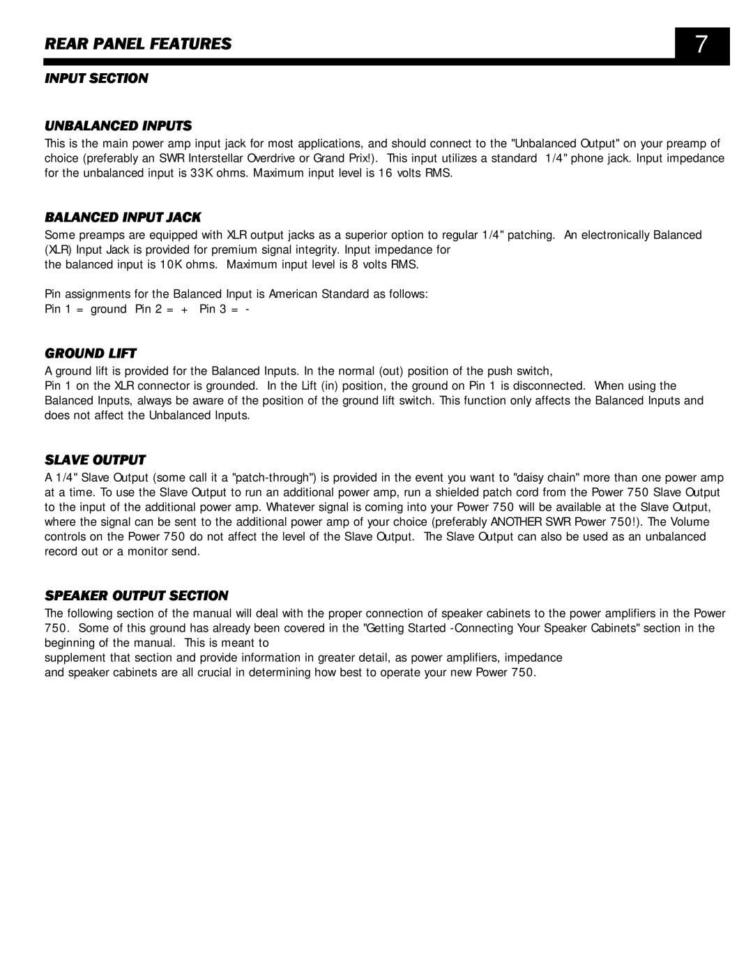 SWR Sound POWER 750 owner manual Rear Panel Features 