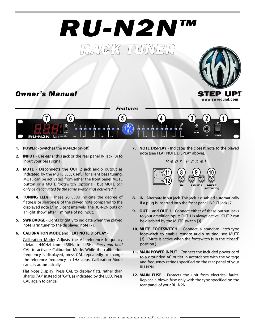 SWR Sound RU-N2N, PR 644 owner manual Rack Tuner, Features, Calibration Mode and Flat Note Display, A r P a n e l 