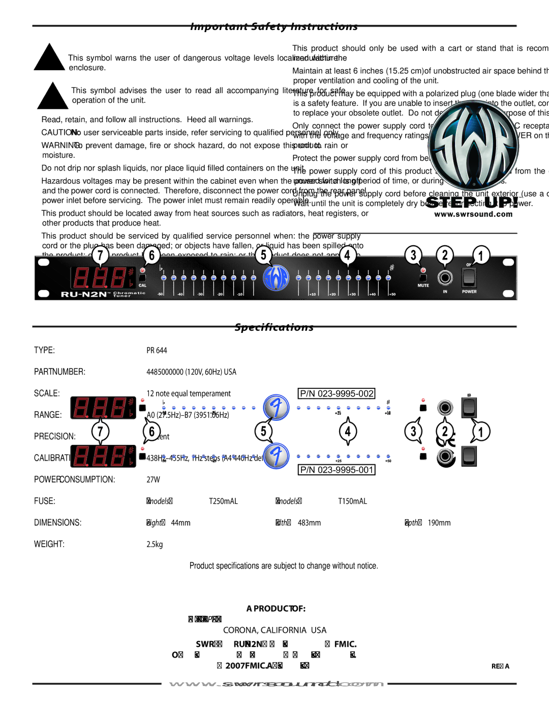 SWR Sound PR 644, RU-N2N owner manual Important Safety Instructions, Specifications 