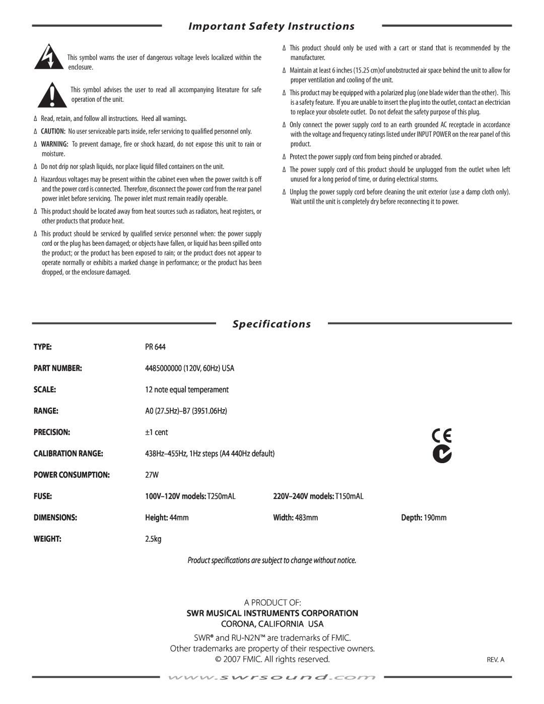 SWR Sound PR 644, RU-N2N owner manual Important Safety Instructions, Specifications 