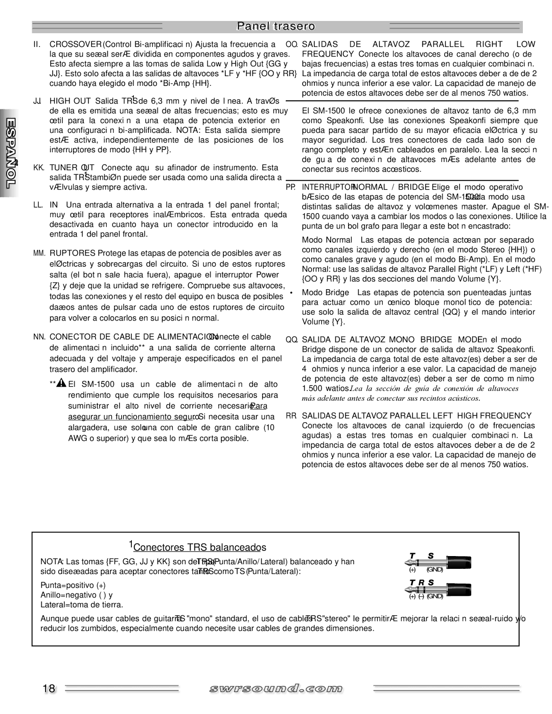 SWR Sound SM-1500 manual 1Conectores TRS balanceados 
