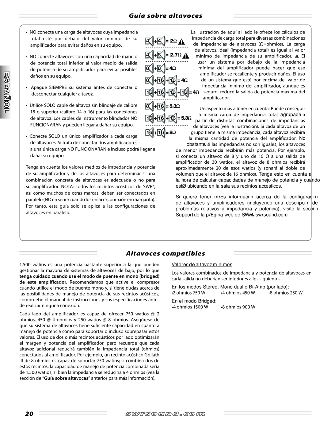 SWR Sound SM-1500 manual Guía sobre altavoces, Altavoces compatibles, Valores de altavoz mínimos 