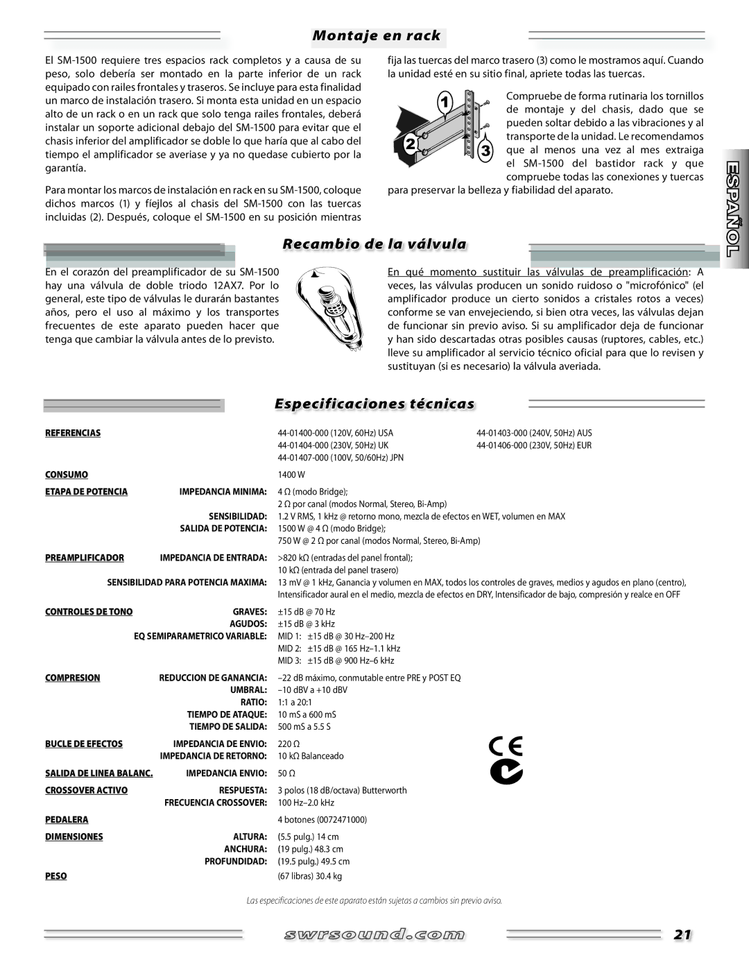 SWR Sound SM-1500 manual Montaje en rack, Recambio de la válvula, Especificaciones técnicas 