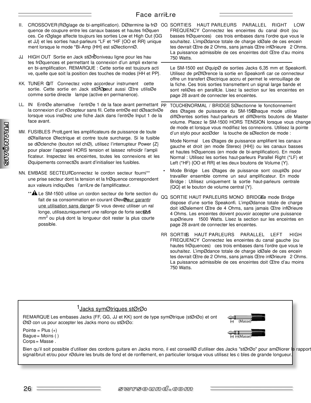 SWR Sound SM-1500 manual 1Jacks symétriques stéréo 