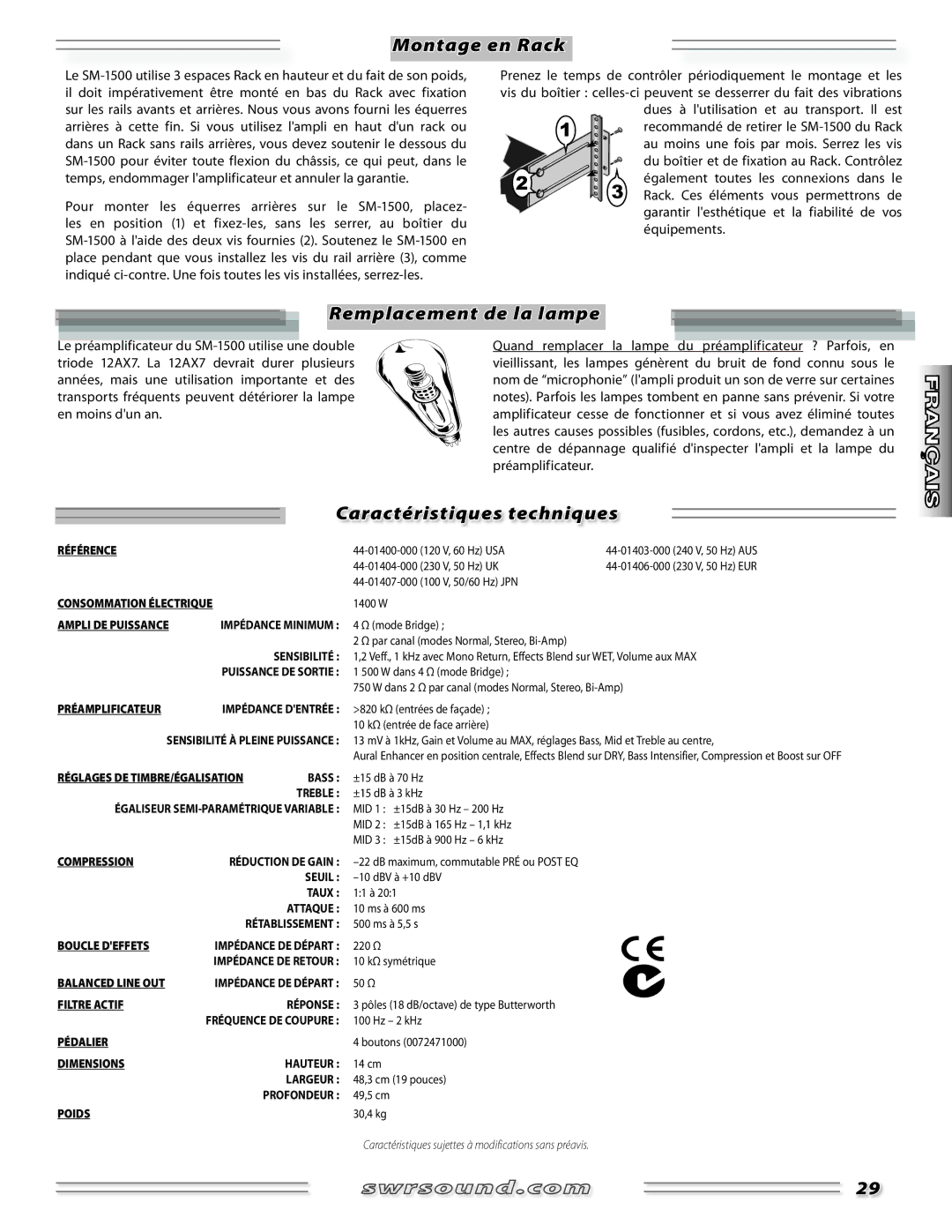 SWR Sound SM-1500 manual Montage en Rack, Remplacement de la lampe, Caractéristiques techniques 