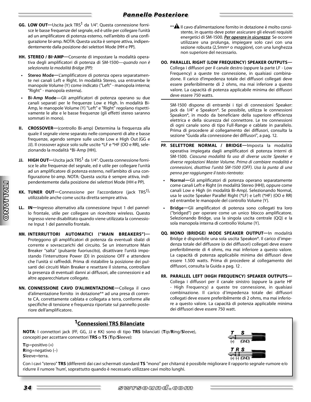 SWR Sound SM-1500 manual 1Connessioni TRS Bilanciate 