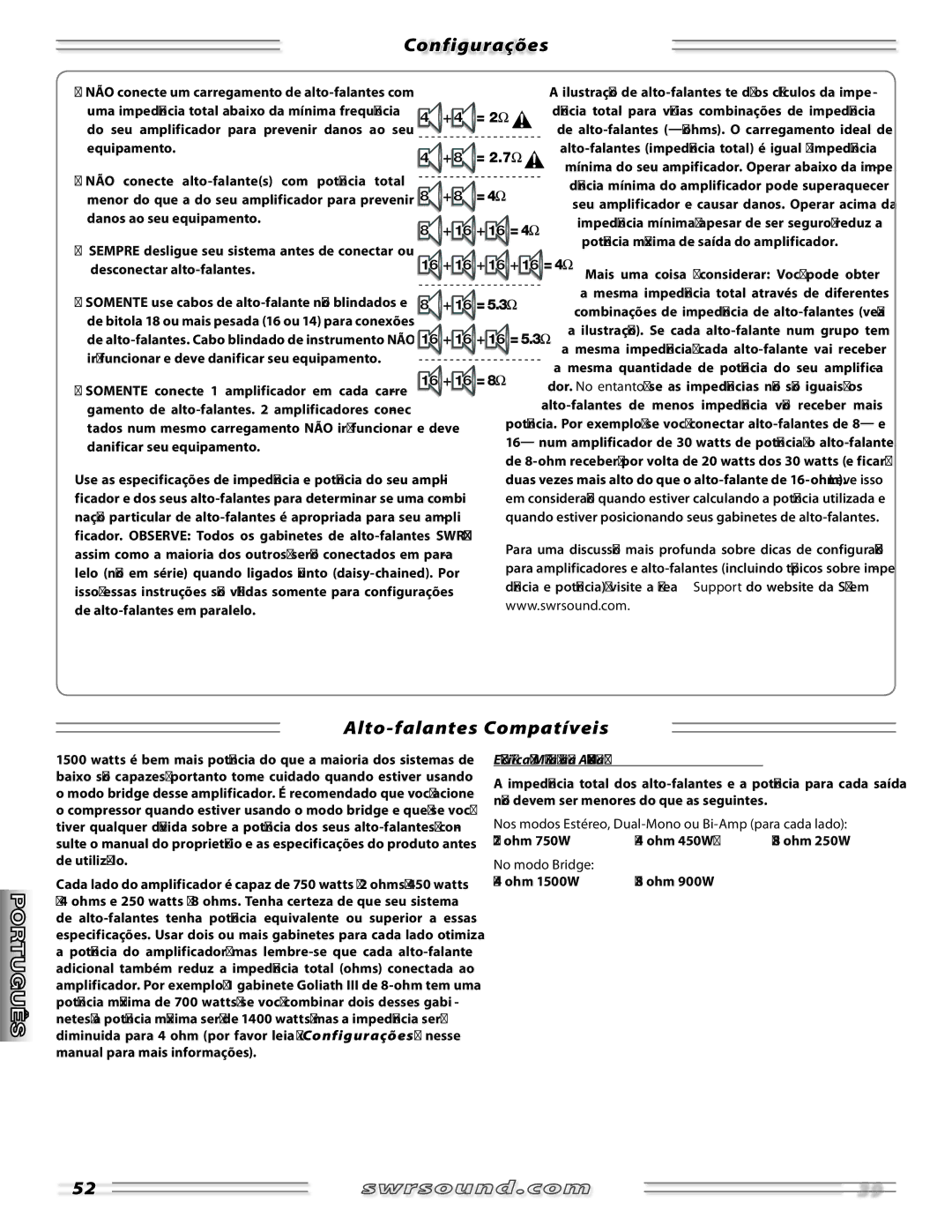 SWR Sound SM-1500 manual Configurações, Alto-falantes Compatíveis, Potência máxima de saída do amplificador 