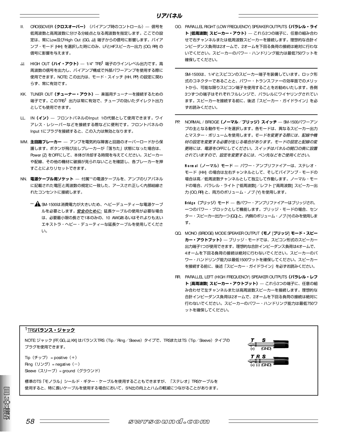 SWR Sound SM-1500 manual 1TRSバランス・ジャック 