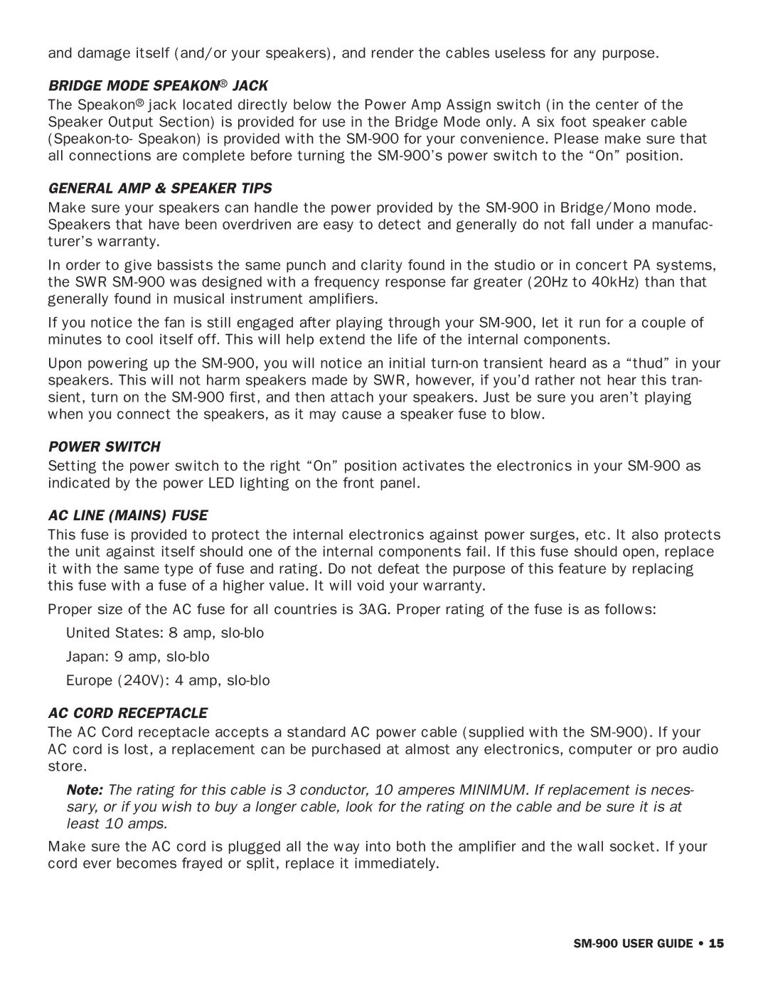 SWR Sound SM-900 manual Bridge Mode Speakon Jack 