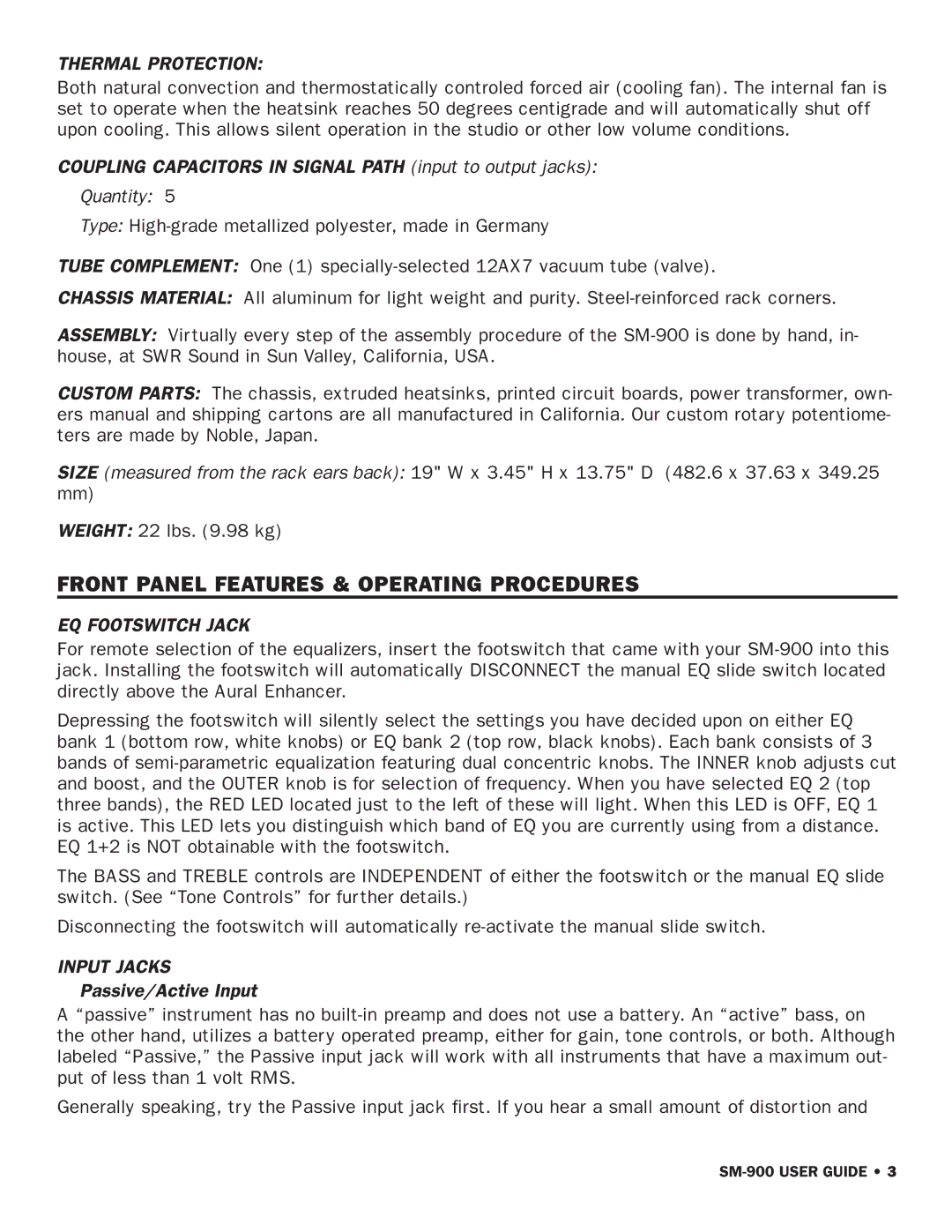 SWR Sound SM-900 manual Front Panel Features & Operating Procedures, Passive/Active Input 