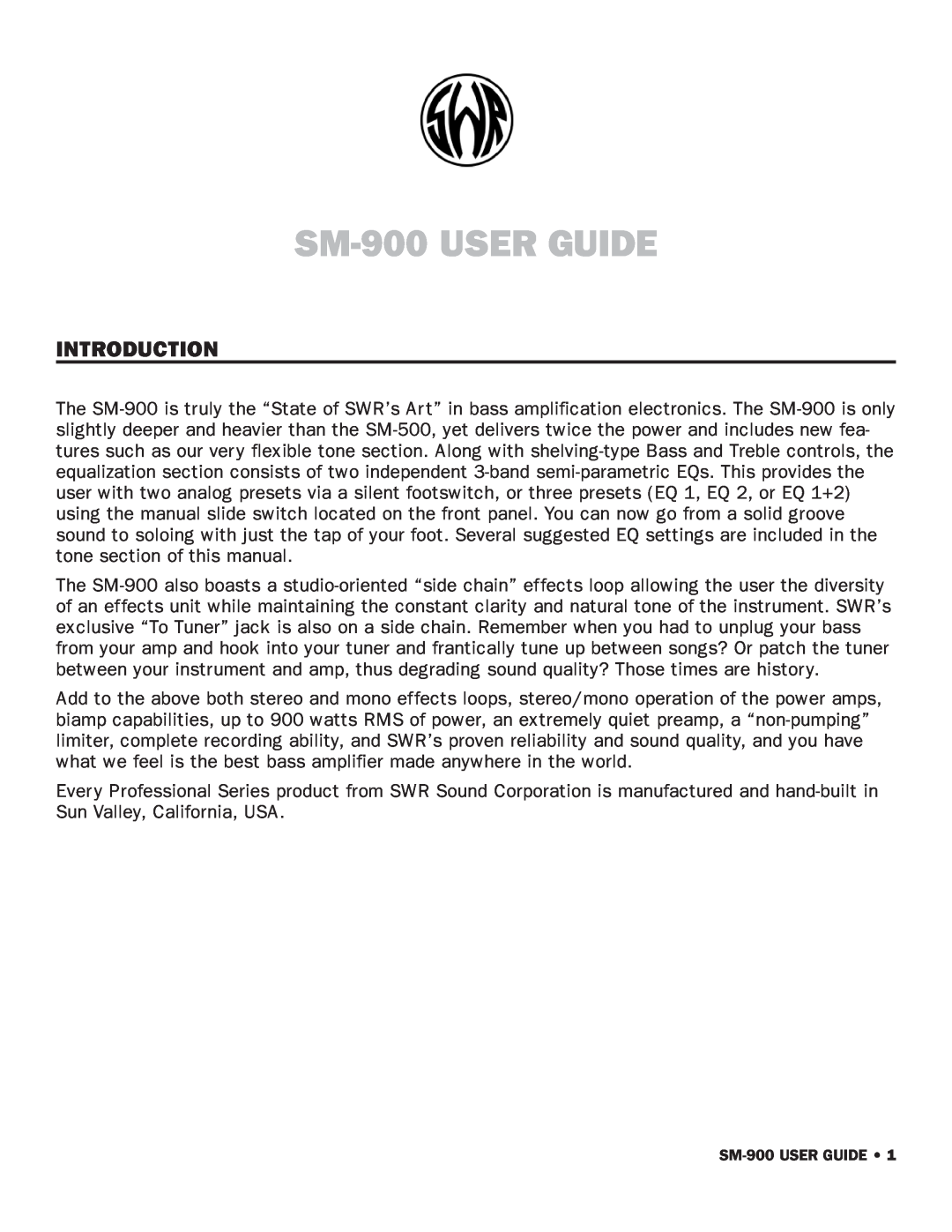 SWR Sound manual Introduction, SM-900USER GUIDE 